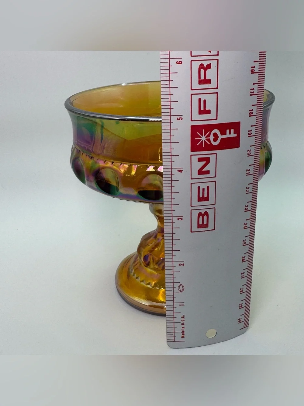 Vintage Amber Carnival Glass Pedestal Compote Iridescent Pressed Glass Candy
